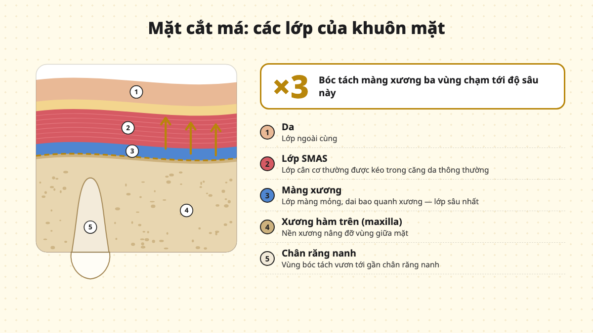 Mặt cắt má thể hiện da, lớp SMAS, màng xương, xương hàm trên và chân răng nanh